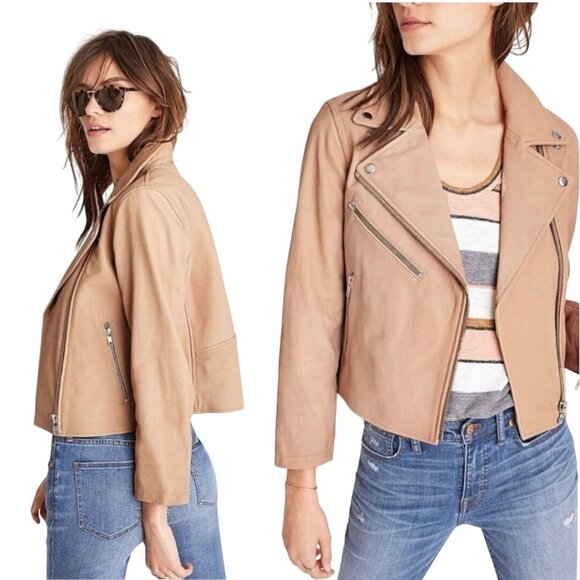 Madewell Washed Leather Motorcycle Jacket Tan Zip Size XS - Picture 1 of 10